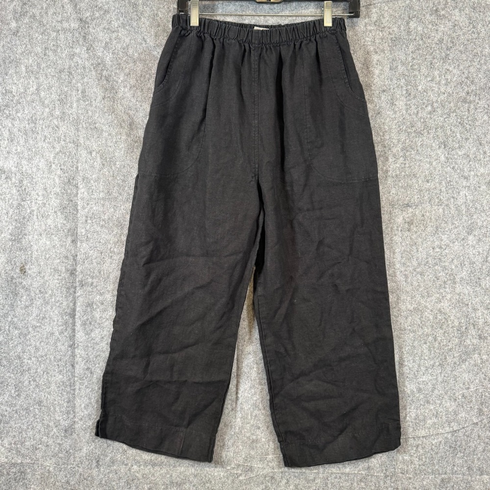 Mosaic Linen Wide Leg Pants Womens Large Black Elastic Waist Lagenlook Boho